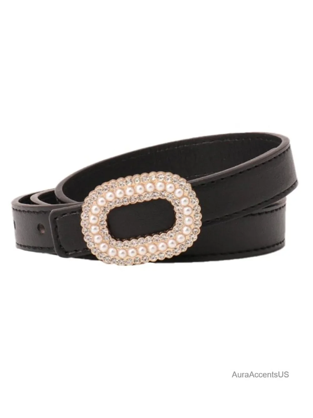 Elegant Rhinestone Buckle Skinny Leather Adjustable Belt for Jeans Dresses Pants